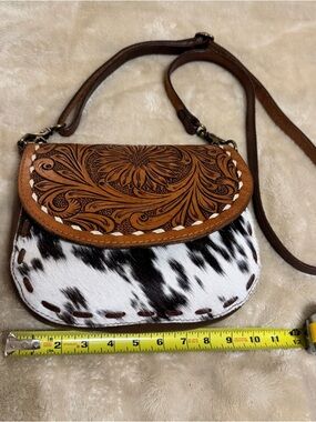American Darling Brown Tooled Leather & Black-White Calf-Hair Crossbody Purse